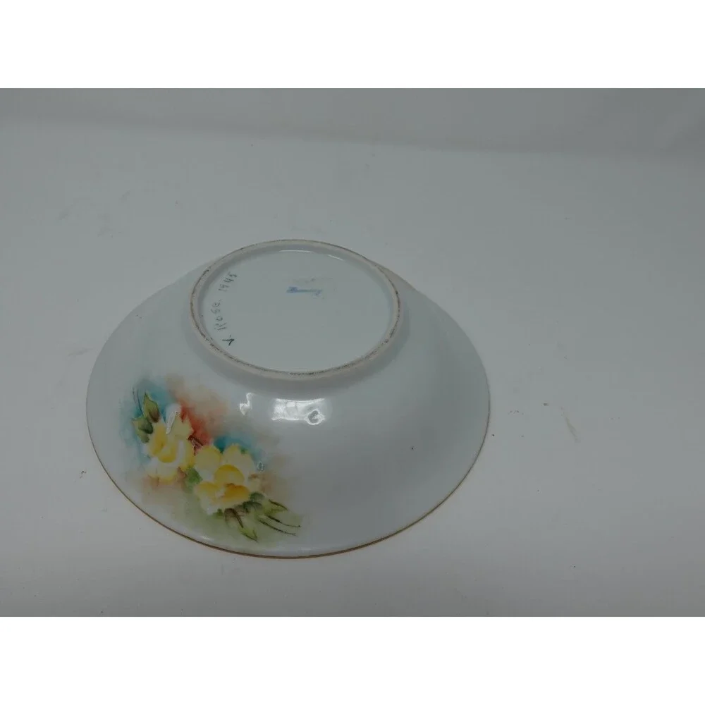 Vintage Hand Painted German Bowl V. Rose 1945 Yellow Roses Floral Porcelain